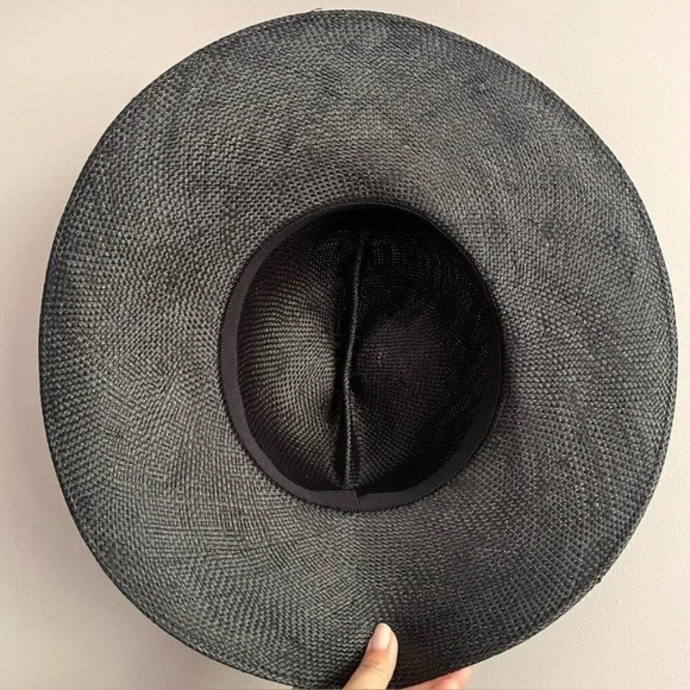 Vintage Black Straw Large Brimmed Hat w/ Pinched Crown - Picture 6 of 8